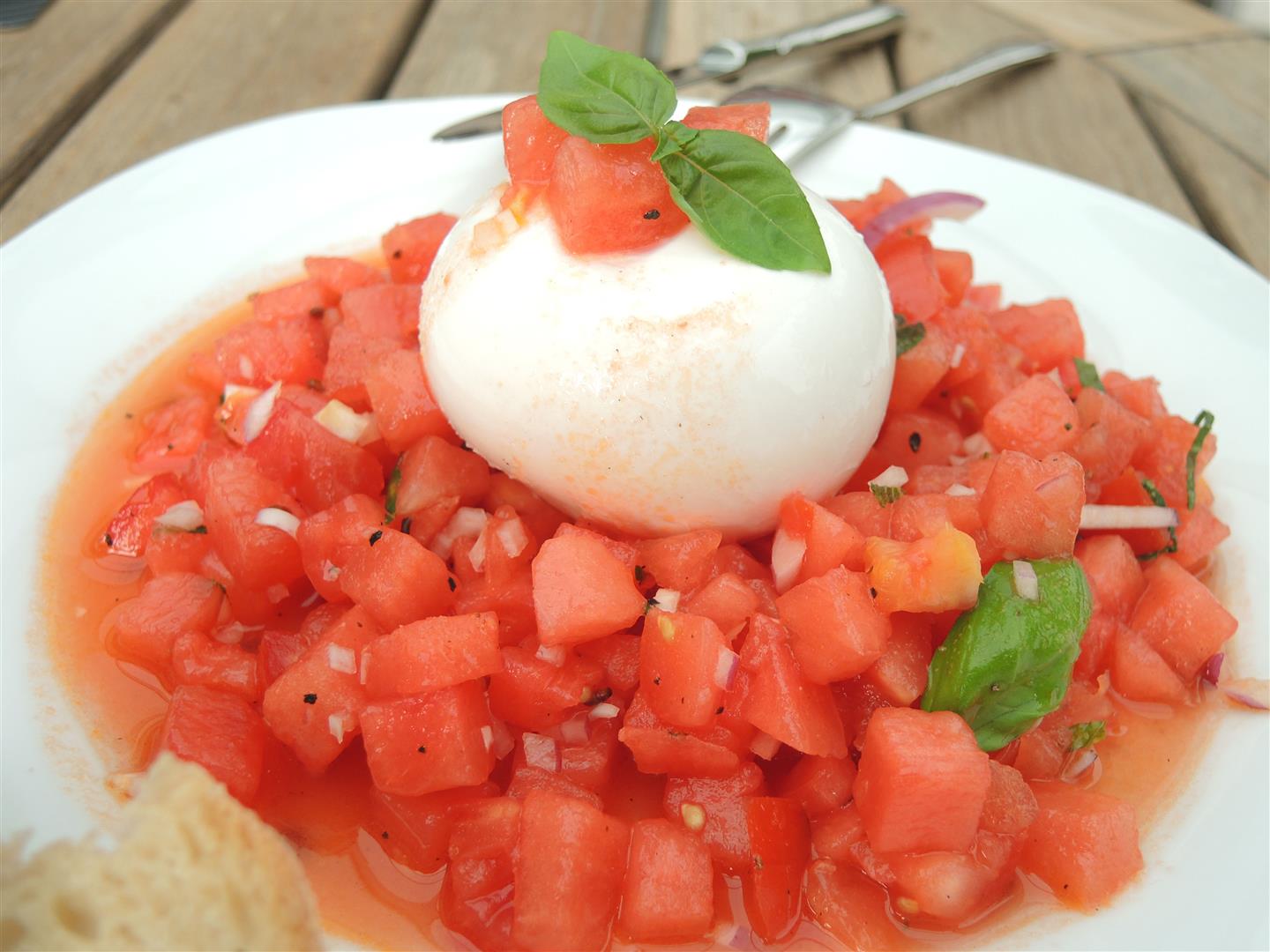 Mozzarella auf Wassermelonen-Tomaten-Salat - Chilirosen